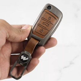 Metal Alloy Leather Key Case for  Audi A3 | A6 | Q3 | Q5 | Q7 (3 Button Flip Key) (TAN)