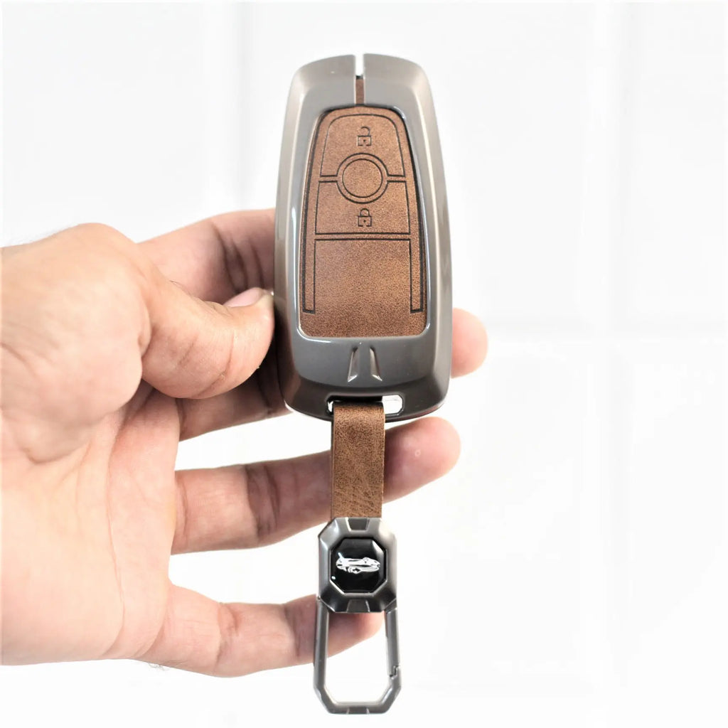 Metal Leather Car Key Cover for Ford Ecosport | Endeavour | Freestyle | Aspire | Figo (2 button)