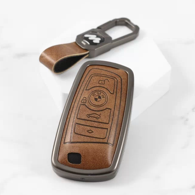 Metal Alloy Leather Key case for BMW 4 Button Smart Key (TAN)