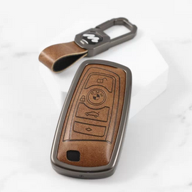 Metal Alloy Leather Key case for BMW X-Series | M-Series | 3-Series | 5-Series | 7-Series 4 Button Smart Key (TAN)