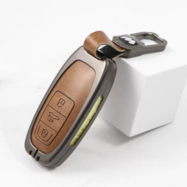 Metal Alloy Leather Key case for AUDI A3 | A4 | A5 | Q3 | Q5 | Q7 | Q8 (3 Button Smart Key) (TAN)