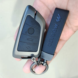Metal Alloy Leather Key case for BMW GT-Series | X-Series | M-Series | 3-Series | 5-Series | 7-Series 4 Button Smart Key
