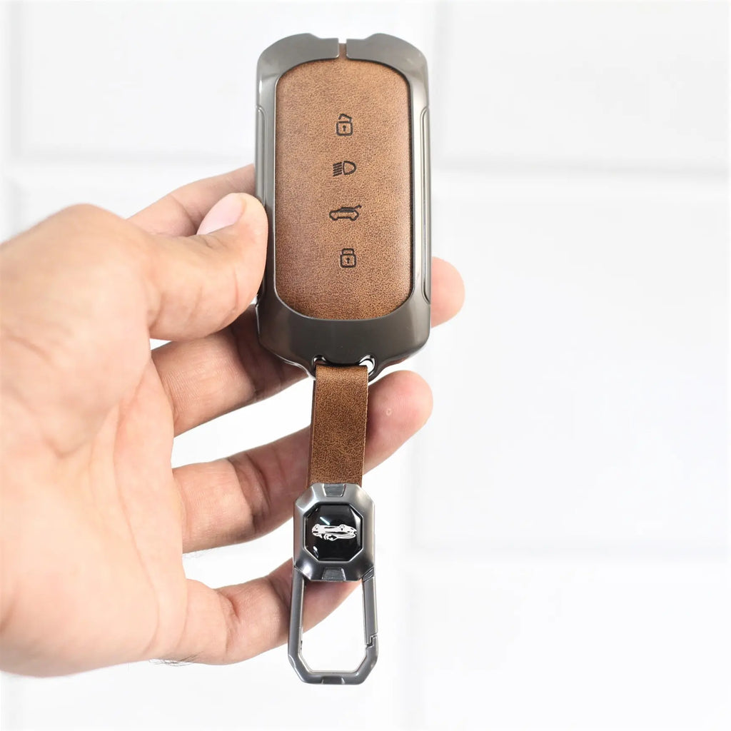 Metal Leather Car Key Cover for Tata Curvv | Curvv EV Electric | Sierra | Safari | Harrier | 4 Button Smart Key