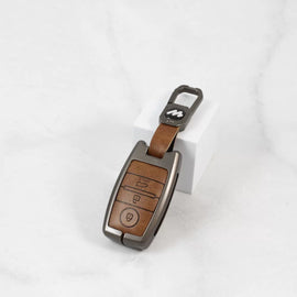 Metal Alloy Leather Key case for KIA Seltos | KIA Sonet | KIA Carens (3 Button Smart Key) (TAN)