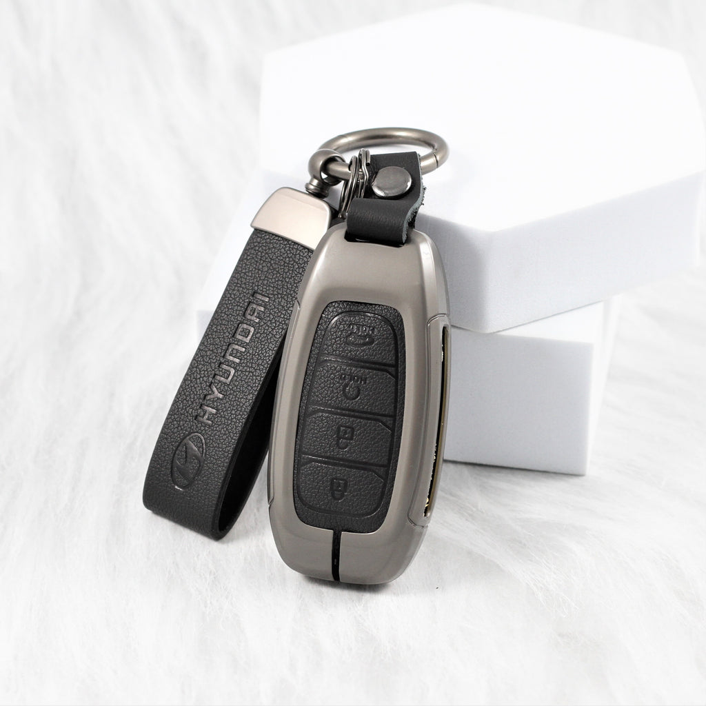 Metal Leather Key Case for Hyundai New Verna Facelift 2023 (4 Button Smart Key)