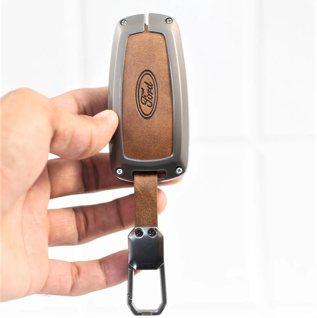 Metal Leather Car Key Cover for Ford Ecosport | Endeavour | Freestyle | Aspire | Figo (2 button)