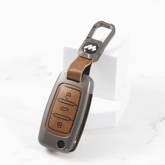 Metal Leather Key case for Volkswagen Jetta | Vento | Polo | Ameo & Skoda Rapid | Yeti | Superb | Laura | Fabia | Octavia - (3 Button)