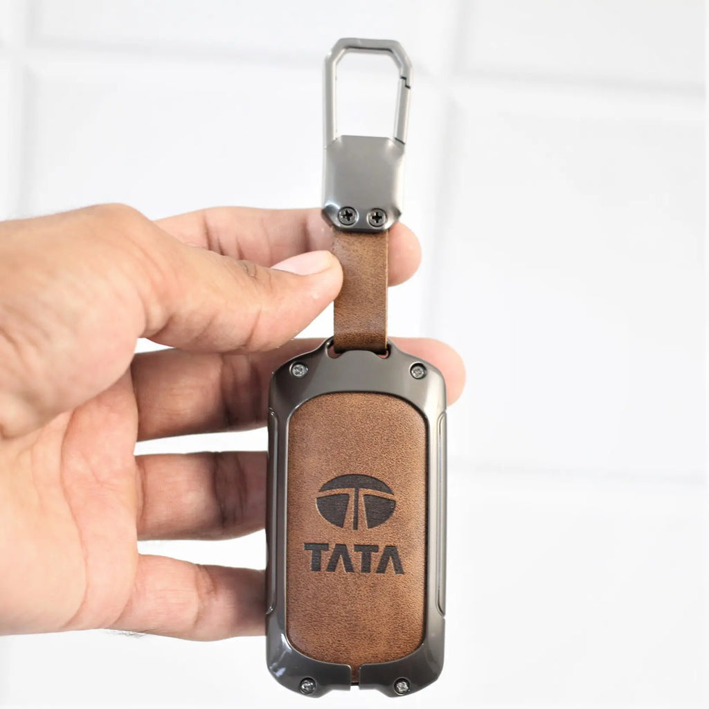 Metal Leather Car Key Cover for Tata Curvv | Curvv EV Electric | Sierra | Safari | Harrier | 4 Button Smart Key