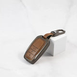 Metal Alloy Leather Key case for Toyota 3 Button Smart Key (TAN)