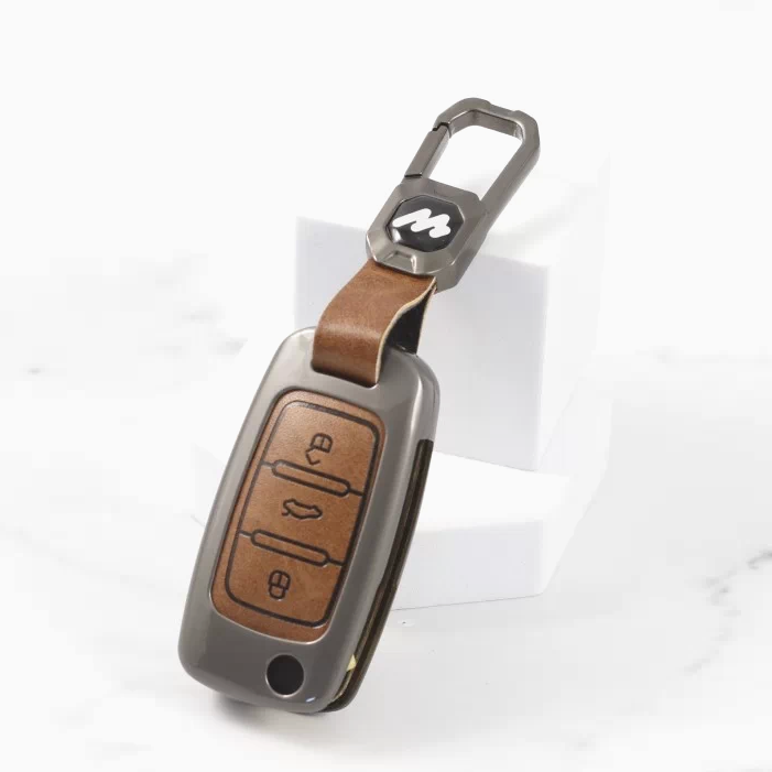 Metal Alloy Leather Key case for Volkswagen 3 Button Flip Key (TAN)