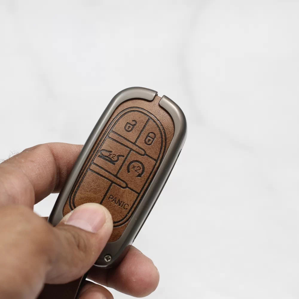 Metal Alloy Leather Key case for Jeep Compass Smart Key  (Tan Color)