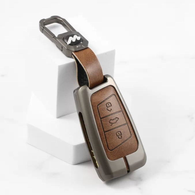 Metal Alloy Leather Key case for Volkswagen 3 Button Smart Key (TAN)