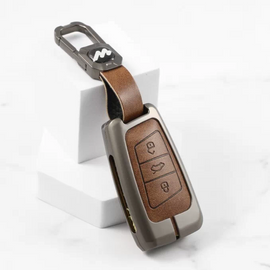 Metal Alloy Leather Key case for  Skoda Kushaq | Superb | Kodiaq | Slavia | Volkswagen Tiguan | Virtus 3 Button Smart Key (TAN)