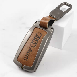 Metal Alloy Leather Key case for Audi A3 | A4 | A5 | Q3 | Q7 | Q5 | Q8 (3 Button Smart Key) (TAN)