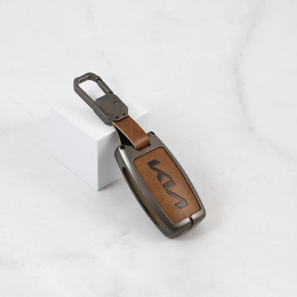 Metal Alloy Leather Keycase for KIA 3 Button Smart Key (TAN)