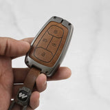 Metal Alloy Leather Key case for TATA 4 Button Smart Key (TAN)