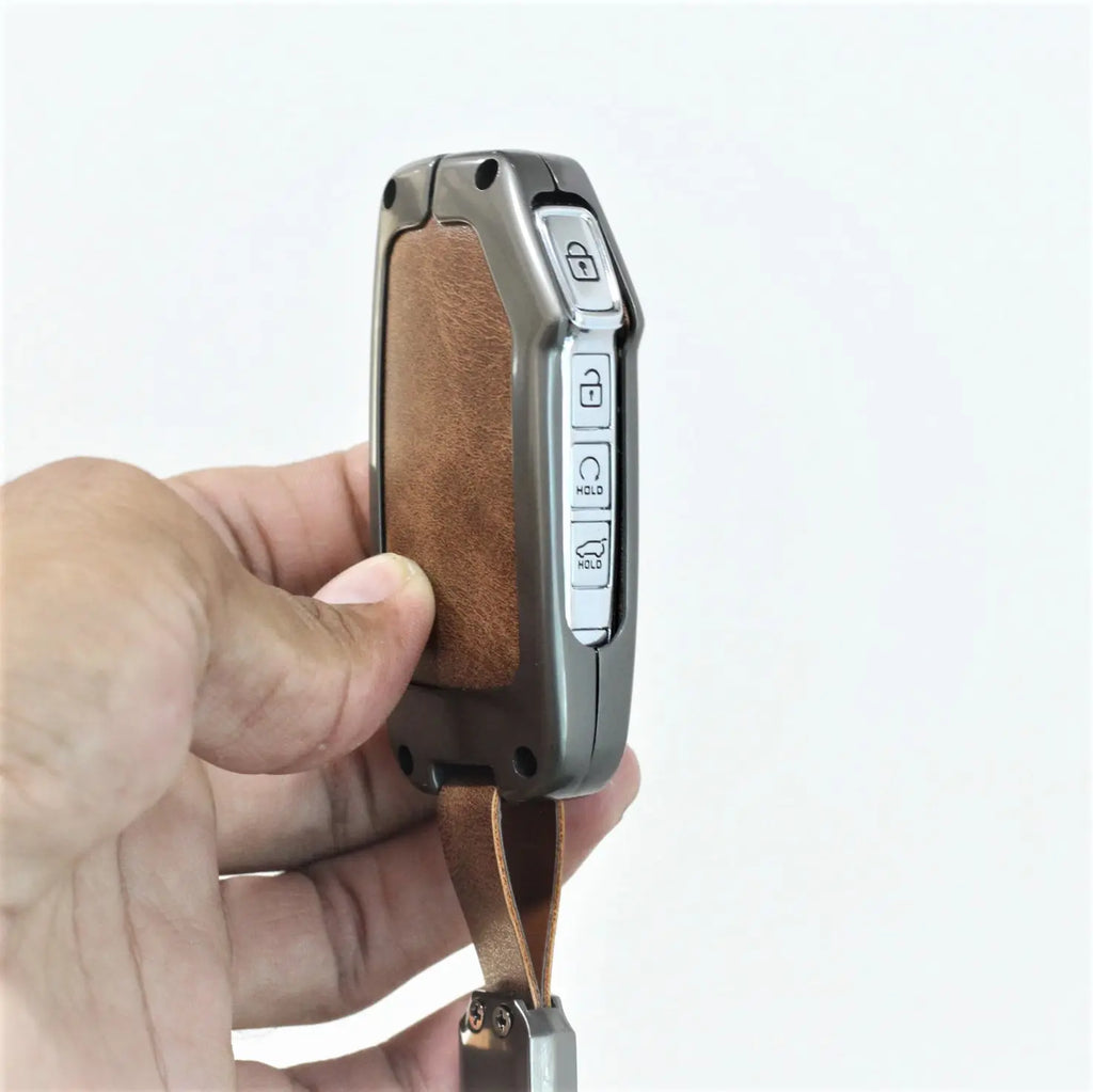 Metal Leather Car Key Cover Fit for New Kia Seltos 2023 Facelift | Carens X Line | Sonet Facelift (4 Button Smart Key)