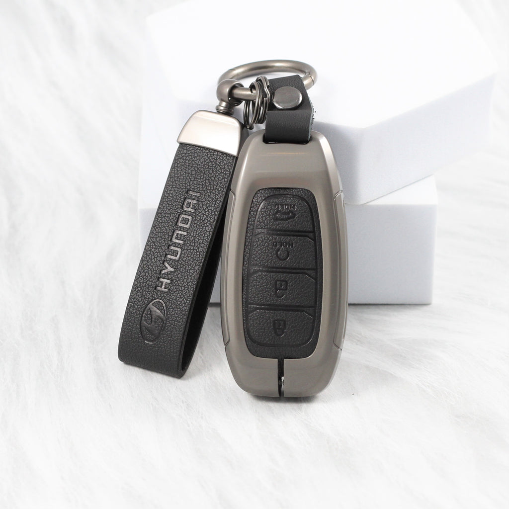 Metal Leather Key Case for Hyundai New Verna Facelift 2023 (4 Button Smart Key)