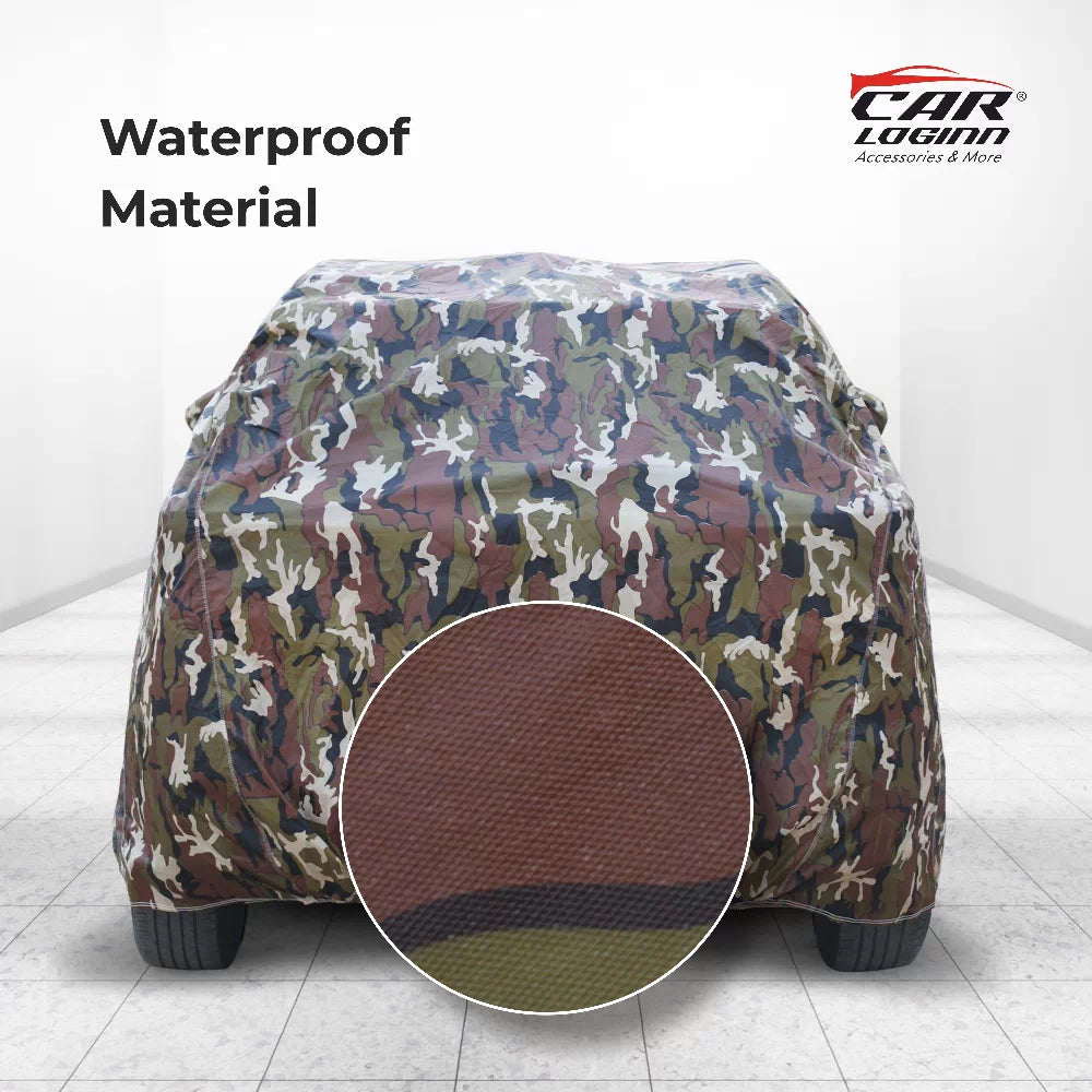 Hyundai Eon Car Body Cover | All Weather Resistant | Triple Stitched with Soft Cotton Lining | Side Mirror Pocket (JUNGLE VALVET)