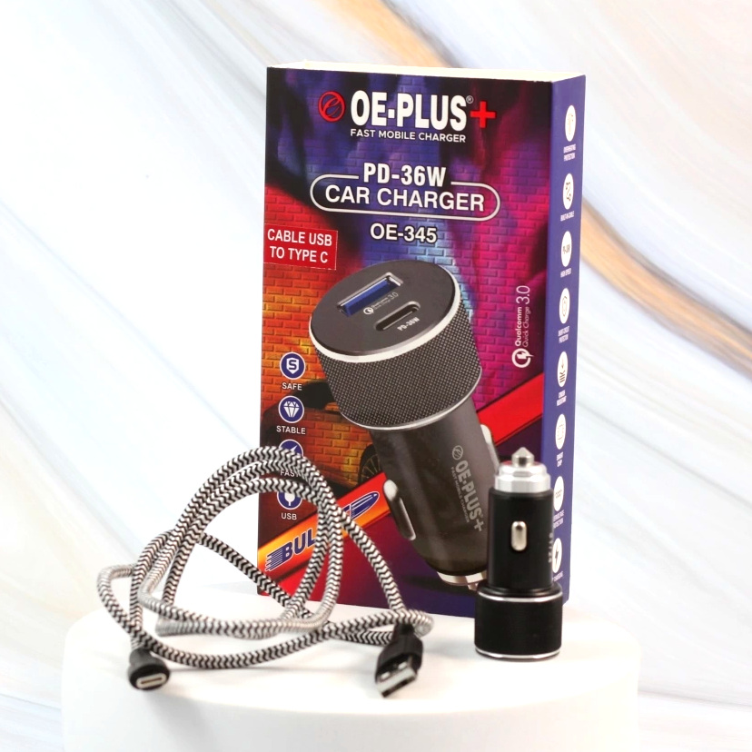 OE-PLUS® 36 W PD & USB Fast Car Charger | Qualcomm 3.0 Quick Charge | Type C Cable | For Mobile, Tablet & Digital Products