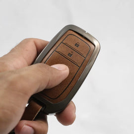 Metal Alloy Leather Key case for Toyota Innova Hycross | Fortuner | Innova Crysta Smart Key (2 Button Smart Key)(TAN)