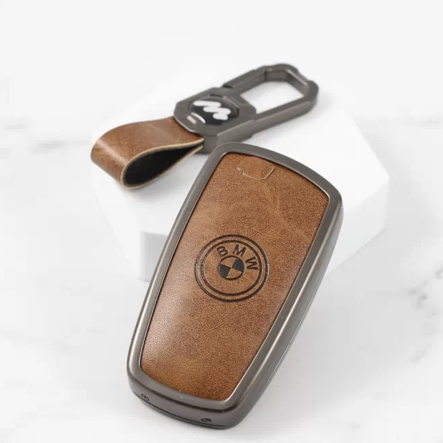 Metal Alloy Leather Key case for BMW 4 Button Smart Key (TAN)