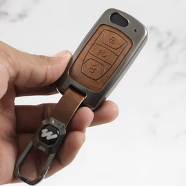 Metal Alloy Leather Key case for Tata Harrier | Punch | Tigor | Bolt | Nexon | Hexa | Zest | Tiago (3 Button Flip Key) (TAN)