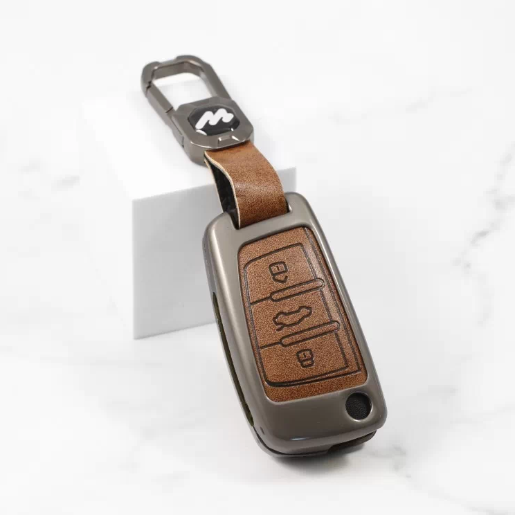 Metal Alloy Leather Key Case for AUDI 3 Button Flip Key (TAN)