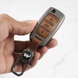 Metal Alloy Leather Key case for Skoda Rapid | Yeti | Superb | Laura | Fabia | Octavia 2014 | Volkswagen Jetta | Vento | Polo | Ameo3 Button Flip Key (TAN)