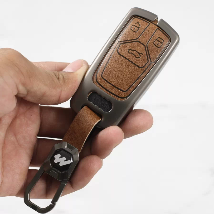 Metal Alloy Leather Key case for AUDI 3 Button Smart Key (TAN)