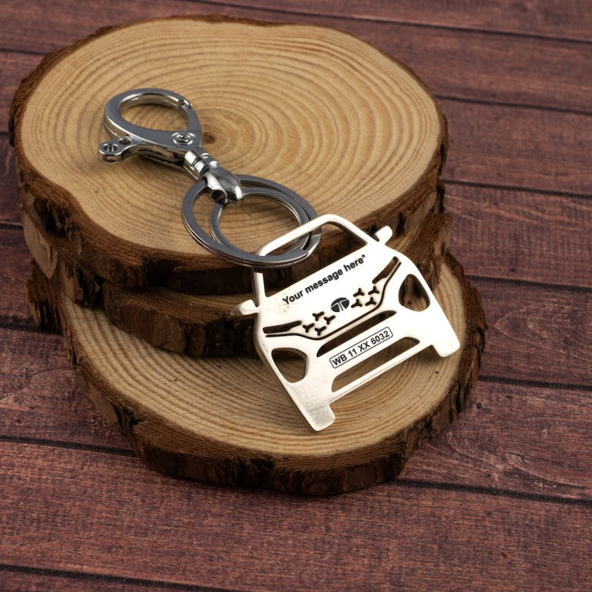 Tata New Safari Stainless Steel Customized Car Keychain with Custom Number Plate and Message