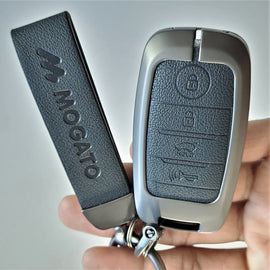 Metal Alloy Leather Key case for KIA Carens | Carnival | Seltos | Sonet Smart Key (4 Button Smart Key)