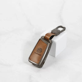 Metal Alloy Leather Key case for Skoda Kushaq | Skoda Kodiaq | Skoda Slavia | Octavia | Volkswagen Tiguan | Volkswagen Virtus | New Polo | New Vento 3 Button Flip Key (TAN)