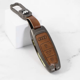 Metal Leather Key Case for  AUDI A3 | A4 | A5 | Q3 | Q5 | Q7 | Q8 (3 Button Smart Key) (TAN)