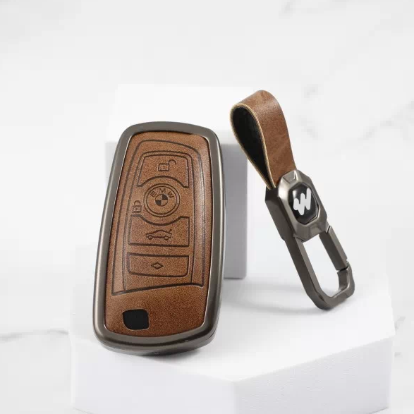 Metal Alloy Leather Key case for BMW 4 Button Smart Key (TAN)