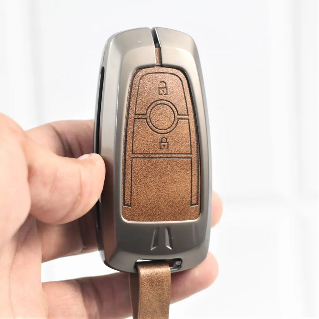 Metal Leather Car Key Cover for Ford Ecosport | Endeavour | Freestyle | Aspire | Figo (2 button)