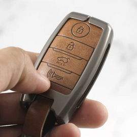 Metal Alloy Leather Key case for KIA Carens | Carnival | Seltos | Sonet (4 Button Smart Key) (TAN)