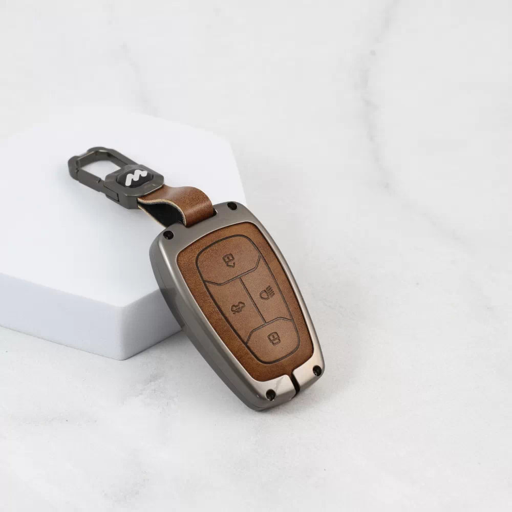 Metal Alloy Leather Key case for TATA 4 Button Smart Key (TAN)