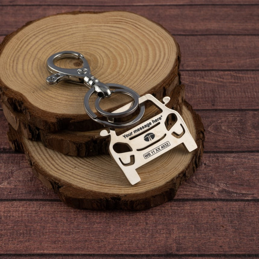 Tata Nexon Stainless Steel Customized Car Keychain with Custom Number Plate and Message