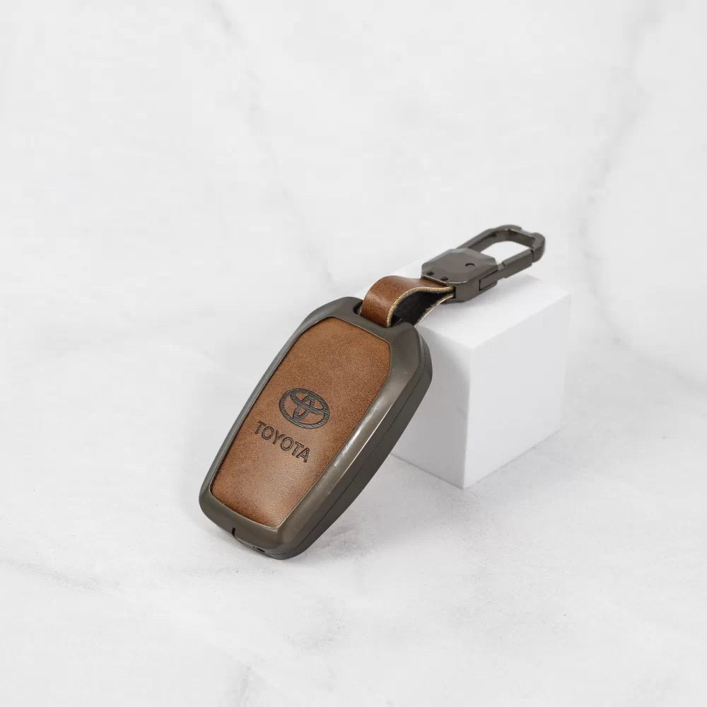 Metal Alloy Leather Key case for Toyota 3 Button Smart Key (TAN)