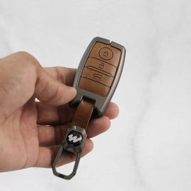 Metal Alloy Leather Key case for KIA Seltos | KIA Sonet | KIA Carens (3 Button Smart Key) (TAN)
