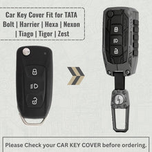 Load image into Gallery viewer, Carloginn Premium Metal Black Transformer Series Soft Silicon Key Cover for Tata 3 Button Flipkey