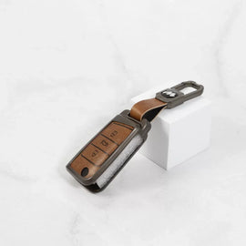 Metal Alloy Leather Key case for Skoda Kushaq | Skoda Kodiaq | Skoda Slavia | Octavia | Volkswagen Tiguan | Volkswagen Virtus | New Polo | New Vento 3 Button Flip Key (TAN)