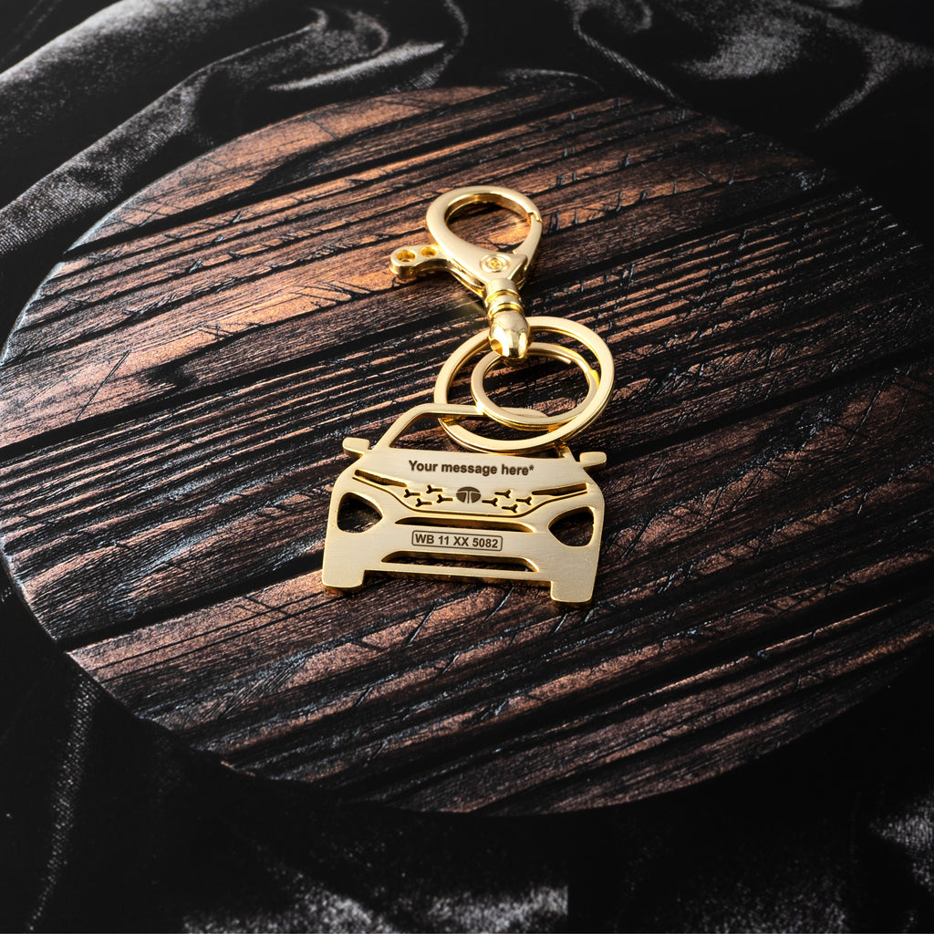 Tata New Safari Stainless Steel Customized Car Keychain with Custom Number Plate and Message