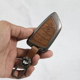 Metal Alloy Leather Key case for BMW GT-Series | X-Series | M-Series | 3-Series | 5-Series | 7-Series 4 Button Smart Key (Tan Color)