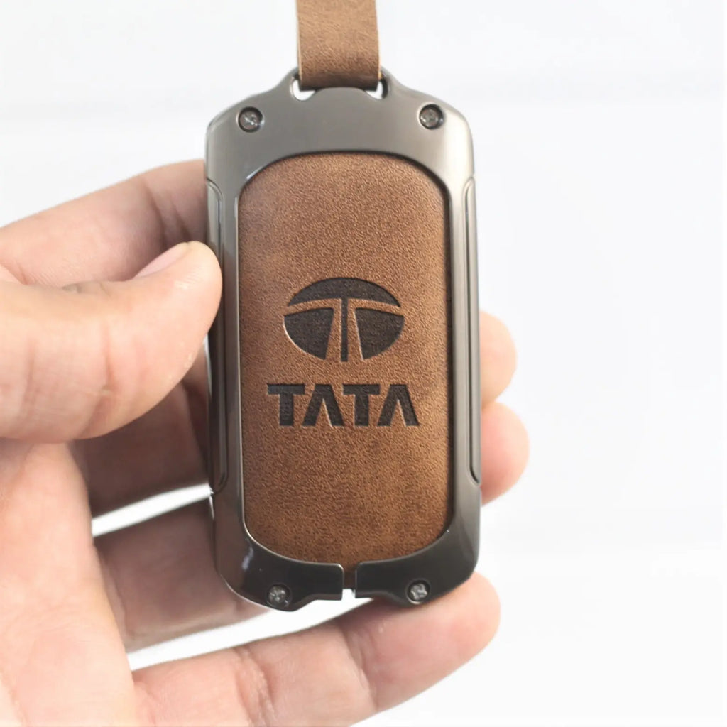 Metal Leather Car Key Cover for Tata Curvv | Curvv EV Electric | Sierra | Safari | Harrier | 4 Button Smart Key