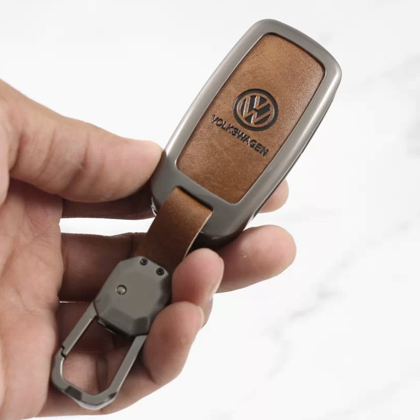 Metal Alloy Leather Key case for Volkswagen 3 Button Flip Key (TAN)