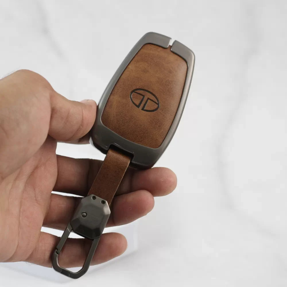 Metal Alloy Leather Key case for TATA 4 Button Smart Key (TAN)