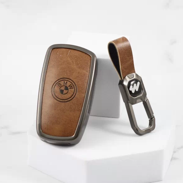 Metal Alloy Leather Key case for BMW 4 Button Smart Key (TAN)