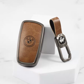 Metal Alloy Leather Key case for BMW X-Series | M-Series | 3-Series | 5-Series | 7-Series 4 Button Smart Key (TAN)